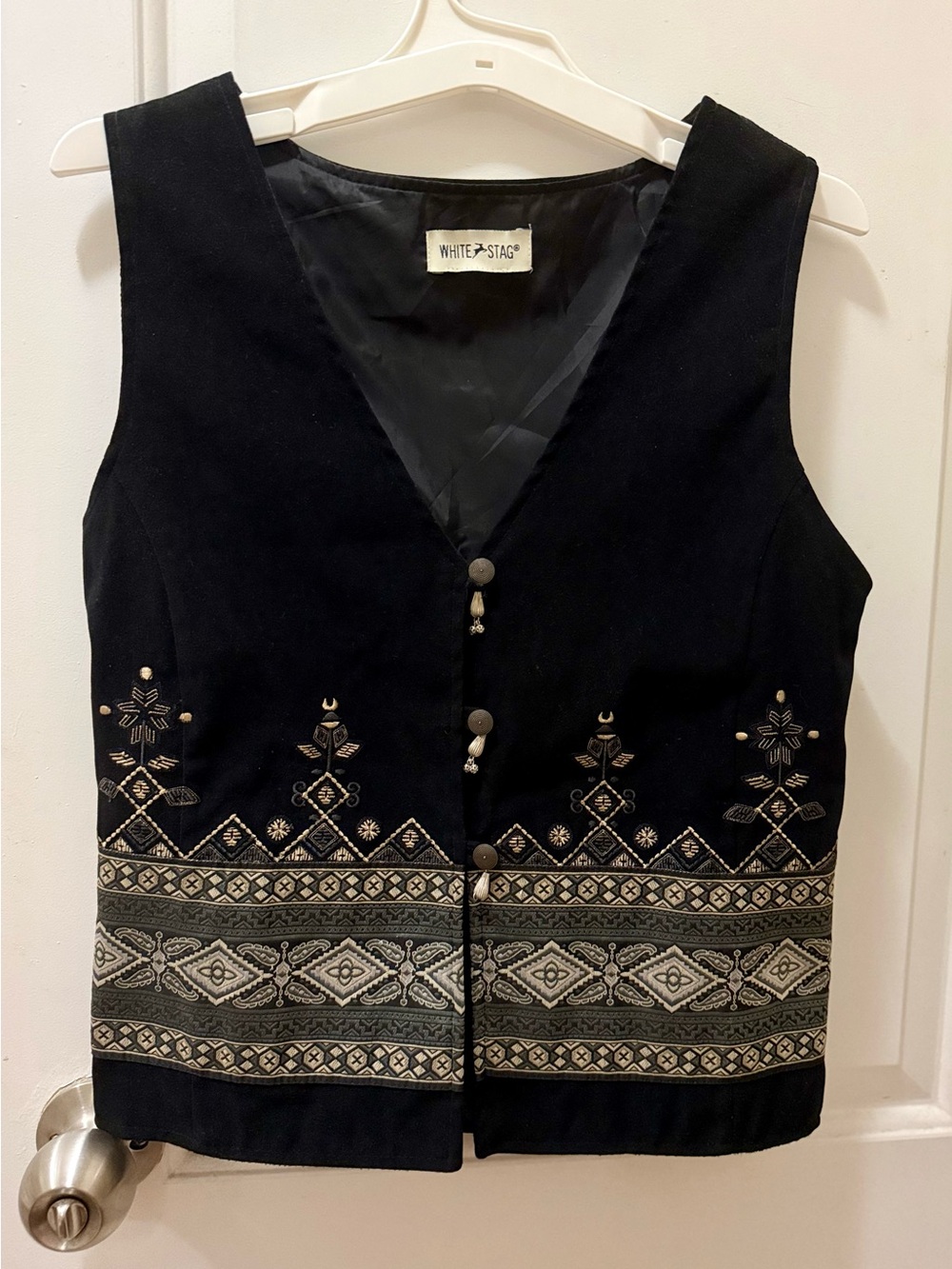 Vintage Black Boho Vest with Gold Geometric Embroidery